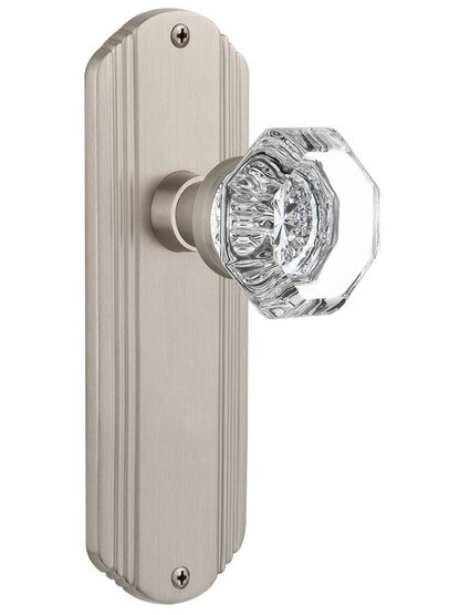 Streamline Deco Door Set with Waldorf Crystal Glass Knobs - No Keyhole in Satin Nickel .